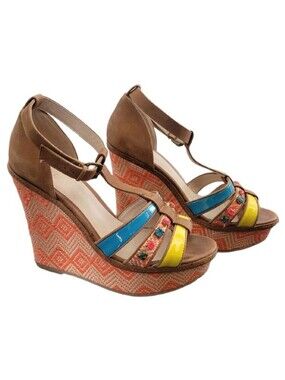 ALDO Reva Woven Platform Wedge Sandals SZ 7-7.5 Embellished Ankle Strap Boho